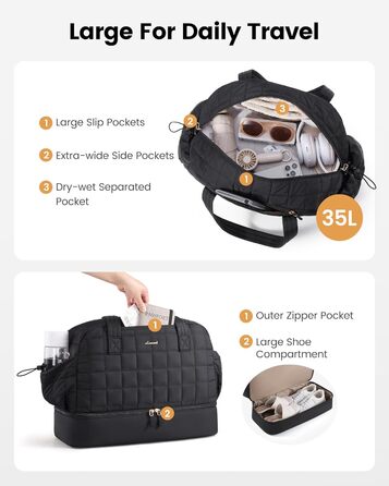 Сумка-валіза LOVEVOOK для жінок, 35L: легка дорожня сумка-шопер, спортивна сумка з відділенням для взуття та мокрих речей, ручна поклажа для подорожей, чорна