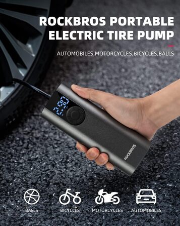 ROCKBROS Електричний насос-автокомпресор 2600mAh, 150PSI для авто, мото, велосипедів, м'ячів з LED та датчиком тиску
