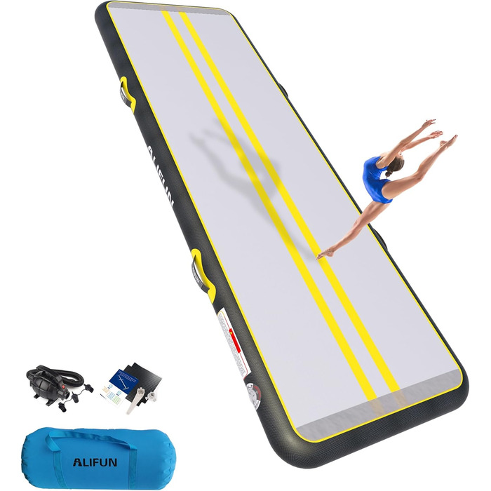 ALIFUN Килимок для гімнастики та акробатики ALIFUN Air Matte Track, надувний, 2м/3м/4м/6м, висота 10/20см, з насосом, для дому, фітнесу, тренувань, черлідингу, басейну (Чорно-жовтий, 400*100*15см)