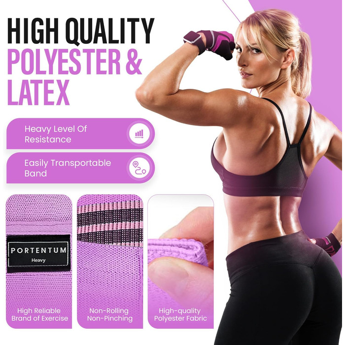 Еластичні гумки для фітнесу Portentum Resistance Bands: набір для йоги та силових тренувань (рожевий, зелений, фіолетовий)