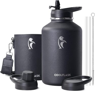 Термос-бутилка Coolflask 2 л з нержавіючої сталі з PU-чохлом, ізольована пляшка для води з кришкою та трубочкою, тримає холод 48 годин і тепло 24 години, чорна Polar
