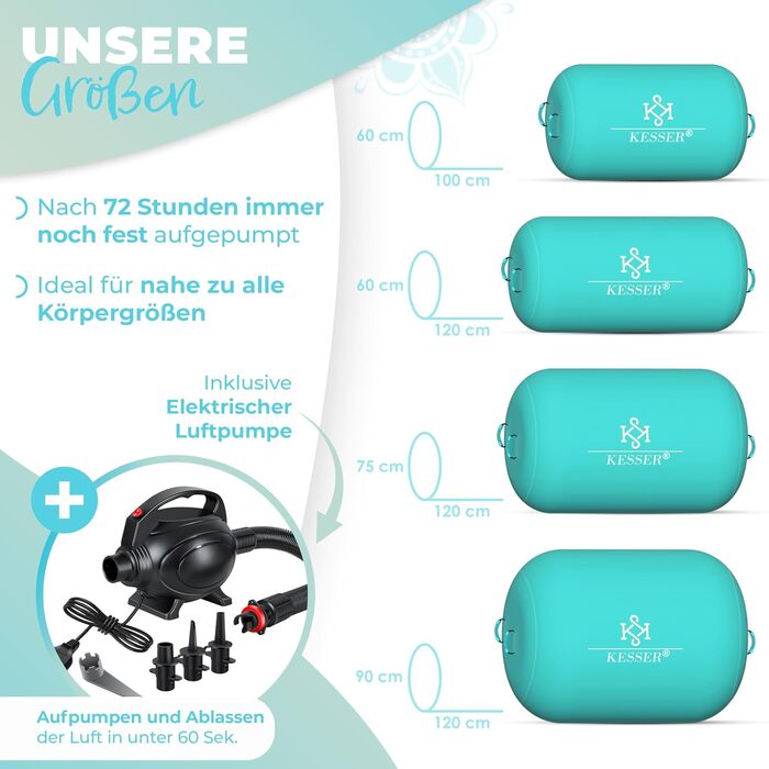 Надувний Airtrack KESSER® | з сумкою та електричним насосом | для акробатики, йоги, фітнесу, тренувань (120 x 90 см, м'ятно-зелений)