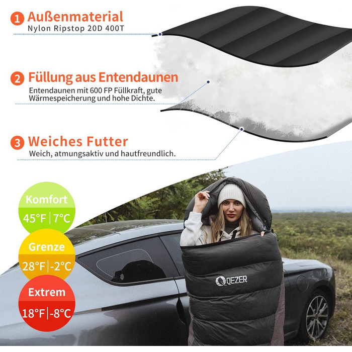 Сплячий мішок пуховий зимовий, 600FP+ Premium, 12°C до -24°C, легкий та теплий, для кемпінгу, трекінгу, 3-4 сезони, чорний