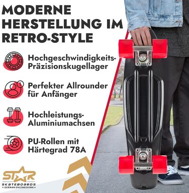 Скейтборд BIKESTAR Vintage Retro Cruiser 60мм для дітей та дорослих, чорно-червоний
