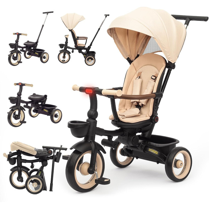 Дитяче тріцикл UBRAVOO 7-в-1: складний, з ліхтарем, гальмом, великим козирком та захисним поручнем. Для дітей від 6 місяців до 5 років (Хакі)