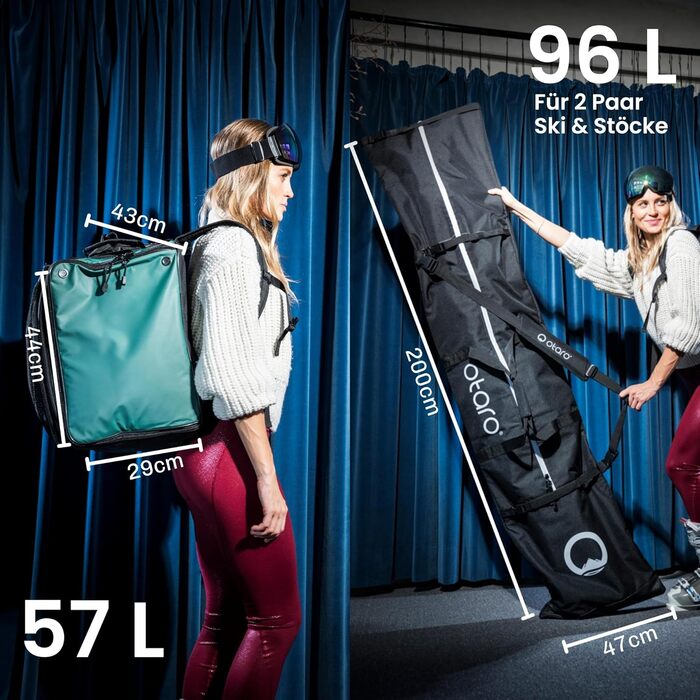 Чохол для лижних черевиків Otaro з відділенням для шолома | Сумка для лиж, шолома та аксесуарів | Водонепроникний, міцний | Комплект (57L + XL для 2 пар лиж), Зелений