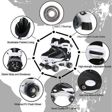 Дитячі ролики Kinder для дівчаток та хлопчиків, регульовані, з підсвічуванням, кольори: чорний та білий, розмір L (36-40 EU)