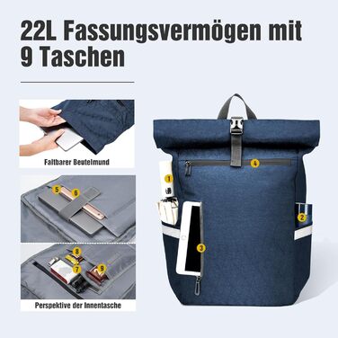 Велосумка Wiserset на багажник 22L, рюкзак для чоловіків, багатосекційна, з відділенням для ноутбука, 2в1, відбиває світло, синя