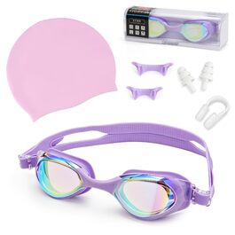 Окуляри для плавання Unisex дорослі Anti-Fog, UV-захист, герметичні, 3D-силікон, фіолетові + комплект аксесуарів (чохол, шапочка, затискач для носа, беруші)