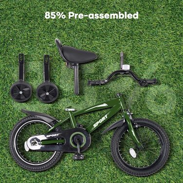 Дитячий велосипед BODIOO 14 дюймів: надійний велосипед для хлопчиків та дівчаток з додатковими колесами, регульованим сидінням та гальмами