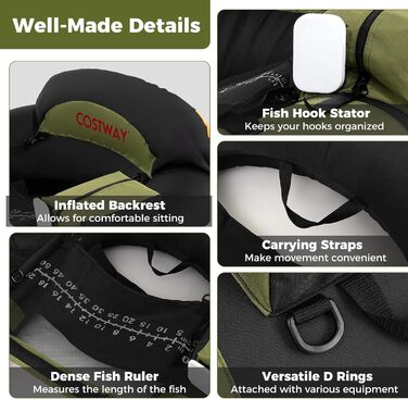 Надувний човен FANTASK для риболовлі з насосом, алюмінієвим веслом та ластами, регульованим утримувачем для вудки, статором для гачків, для дорослих, зелений