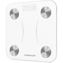 Розумні ваги INSMART для аналізу складу тіла: Bluetooth, вимірювання жиру, ІМТ, м'язової та кісткової маси, води, білка, пульсу, BMR, білий колір, з додатком