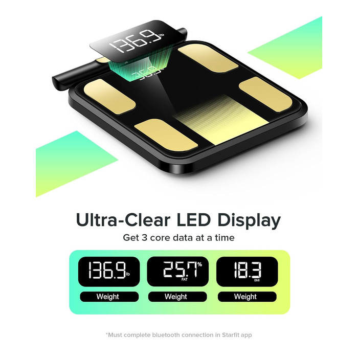 Вага RunSTAR для вимірювання жиру в тілі, персональна вага з 8 електродами, вимірювання ваги, жиру, BMI, м'язової маси та 28 параметрів тіла, додаток, 3 показники, 180 кг, чорний колір