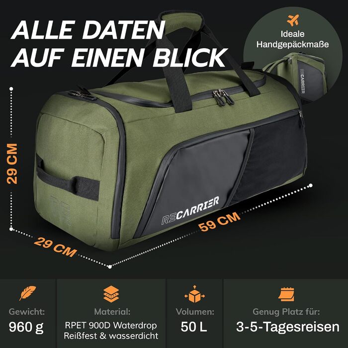 Спортивна сумка [з переробленого PET] 50L – Gym Bag та рюкзак в одному – водонепроникна сумка для тренувань чоловіча/жіноча – спортивний рюкзак з відділенням для взуття, фітнес, велика дорожня сумка (Pinewood Green)