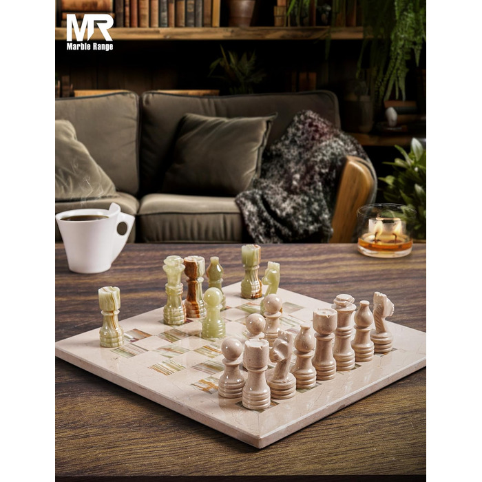 Шаховий набір з мармуру для дорослих, ручної роботи, 32 фігури, 2 додаткові королеви, коробка для зберігання, подарунок, декор (кораловий & темно-коричневий) (Verona & Green)