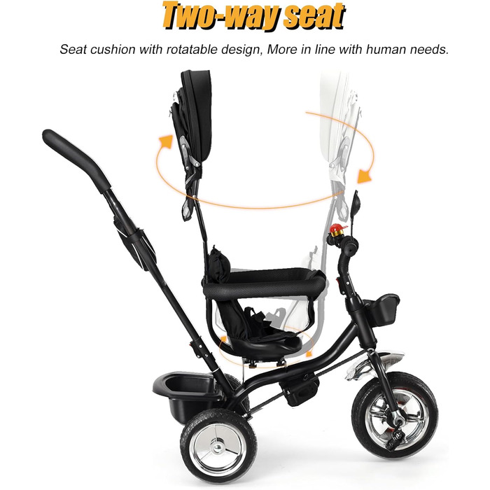 Триколісний велосипед для малюків 5 в 1, росте разом з дитиною, велосипед-коляска, поворотний сидіння 360°, штовхач, знімний капюшон, ремінь безпеки 3-точ., кошик, 1-5 років (5 в 1), чорний