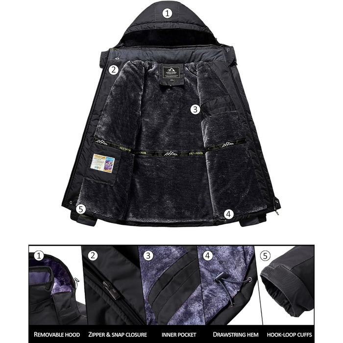 Зимова куртка KEFITEVD для чоловіків, водонепроникна, тепла, з підкладкою, для катання на лижах, зимова, спортивна, вітронепроникна, дихаюча, знімний капюшон (S, чорно-сіра)