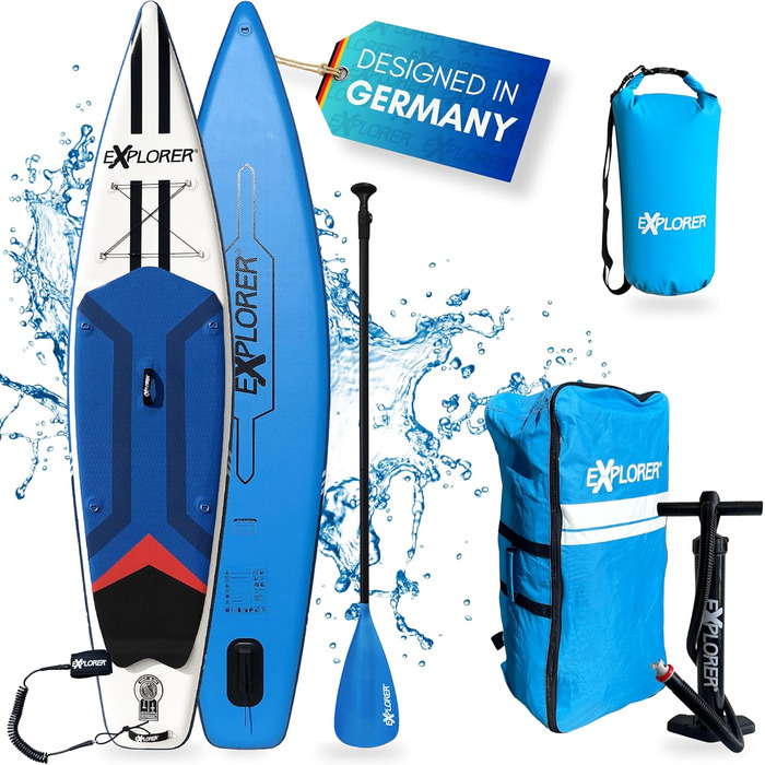 Надувна SUP-дошка EXPLORER TOURER 12.6 для плавання стоячи, комплект до 180 кг: алюмінієве весло, рюкзак, насос, плавник, ремкомплект