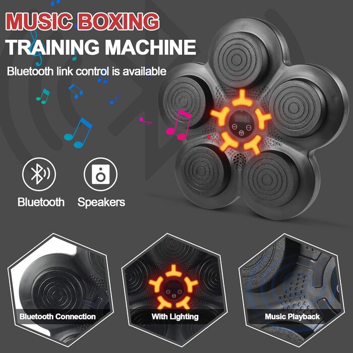 Музична боксерська машина Forhome з LED-підсвіткою та рукавичками, 9 режимів швидкості, Bluetooth, великий розмір, для дому та спортзалу (чорний)