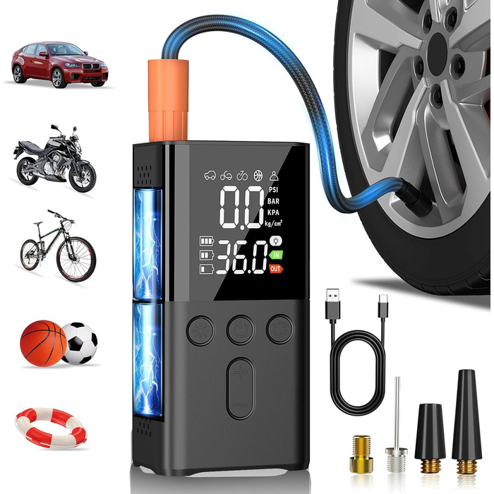 Електричний компресор WYRIAZA 10000mAh, 150PSI, портативний насос для авто, велосипедів, мотоциклів, цифровий LED дисплей