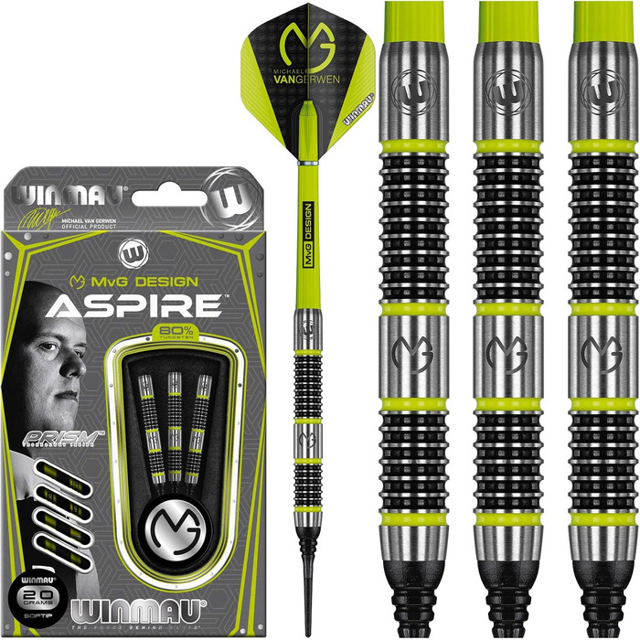 Дротики WINMAU Michael Van Gerwen Aspire 20 г, професійні, вольфрамові, для софттипу, з оперенням та стержнями
