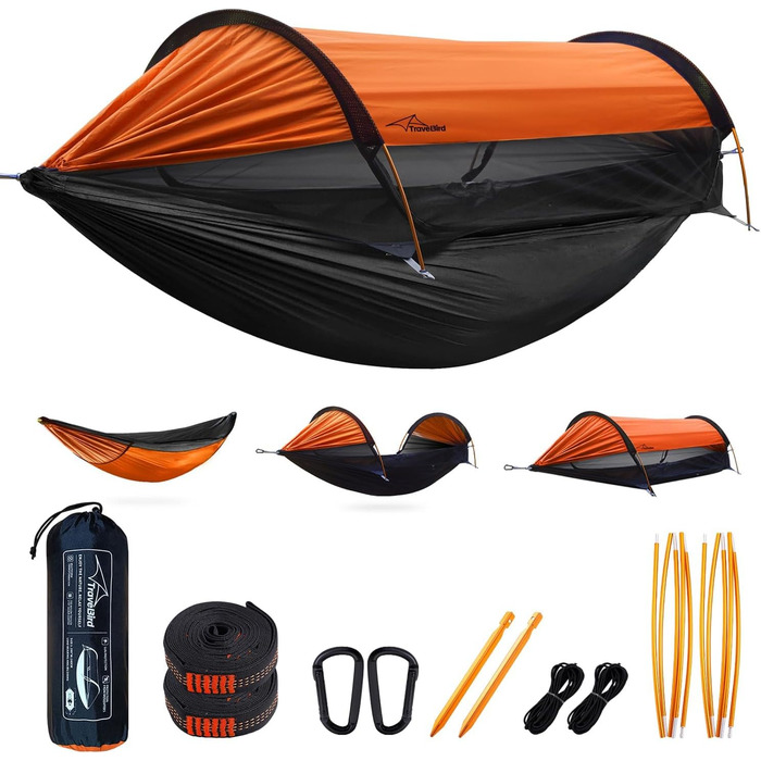 Гамак-намет Travel Bird з москітною сіткою та сонцезахистом, 290x140 см, великий простір, багатофункціональний, легкий, з ременями для кріплення до дерева, підходить для кемпінгу та відпочинку на природі (зелений/помаранчевий)