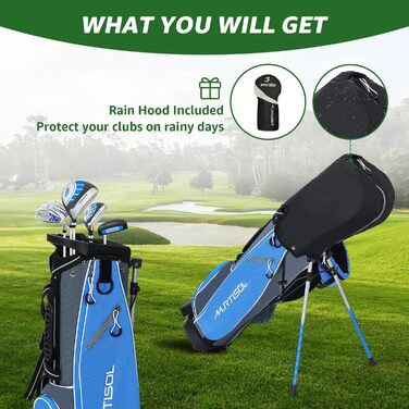 Повний набір гольф-клубу з 6 шт., включає сумку-стійку, драйвер #1, гібрид #5, залізи #6/7, #9/P та паттер, для правшів (блакитний)