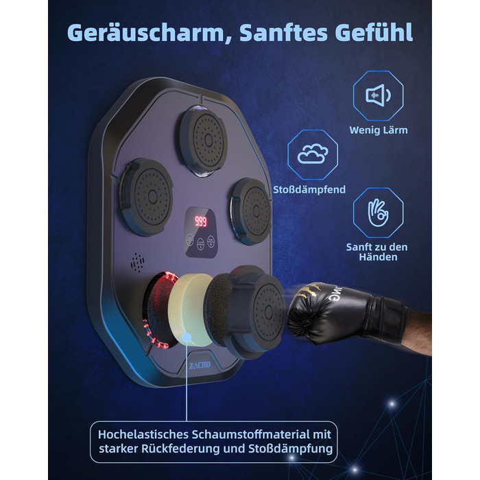 Музична боксмашина Zacro з LED-підсвіткою, розумна боксмашина, настінна, 9 режимів/швидкостей, з рукавичками та повязкою, чорна