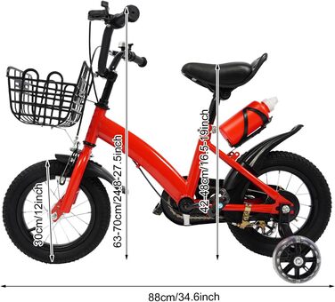 Дитяче велосипед 12 дюймів, для дітей 2-5 років з бічними колесами, тренувальний велосипед з пляшкою та кошиком, велосипед для дівчаток та хлопчиків, регульована висота, червоний