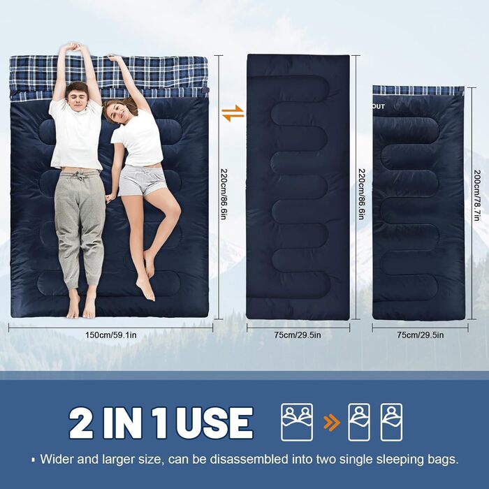 Спальний мішок для двох дорослих, 220x150 см, фланель, Navy, водонепроникний, для кемпінгу та подорожей