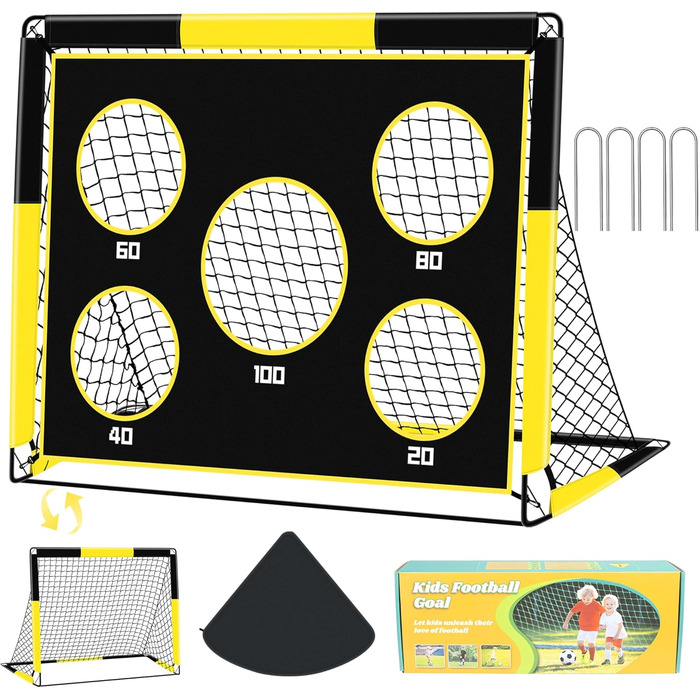 Дитячі воріта для футболу 2-в-1, 150х120 см, портативні та стабільні, з 5 цілями, 4 анкери та сумка, для саду, парку, пляжу (жовті)