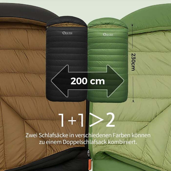 Спальний мішок XXL з пуху 3-4 сезони, 230x100 см, чорний. Підходить для дорослих, кемпінгу, походів та рюкзаків. Легкий та теплий