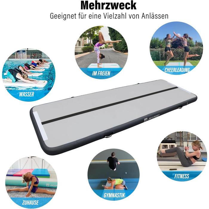 AKSPORT Килимок для гімнастики та акробатики Air Matte, 3/4/5/6м, 10/20см, з насосом, для дому/залу/тренувань, м'ятно-зелений (300x100x10см, Чорний)
