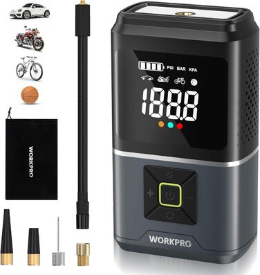 WORKPRO Електричний акумуляторний компресор 150 PSI, портативна бездротова насос-насос для шин, цифровий дисплей, підсвітка, для авто, велосипедів, мотоциклів, м’ячів, з сумкою, 7.2V 2500mAh
