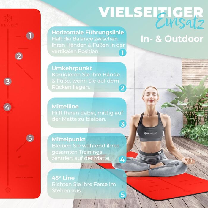Килимок для гімнастики KESSER® з ручкою для перенесення, антиковзкий TPE, фітнес-килимок для йоги, фітнесу, пілатесу, 183 x 61 см, червоний/чорний