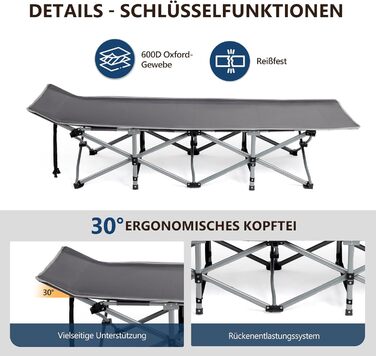 Розкладне ліжко Bonnlo для кемпінгу з матрацом – ліжко для риболовлі, відпочинку на природі, у саду, на пляжі, 190×71x36 см, сірий