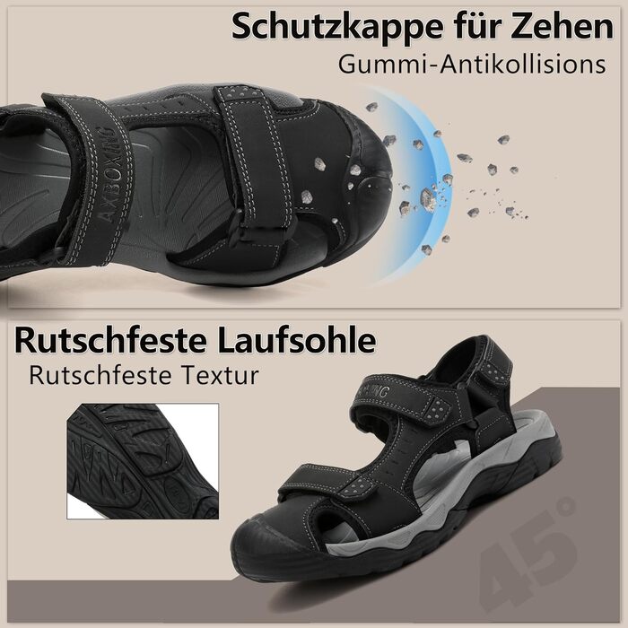 Чоловічі сандалі AX BOXING для трекінгу та спорту, літні, на липучці, дихаючі, чорні, розмір 43 EU