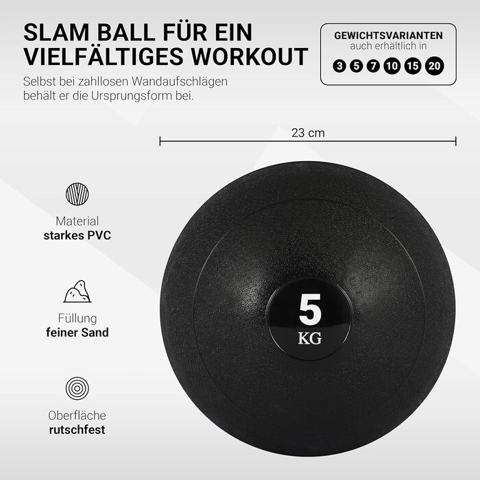 MSPORTS Slam Ball Premium, медичний м'яч 5 кг, чорний, для фітнесу, кросфіту, силових тренувань