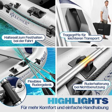 Надувний човен KESSER® Wave 230-320 см, комплект 6 в 1: човен, лавка, насос, весла, ремкомплект, сумка. Для моря, річки, мотора. Сіро-блакитний