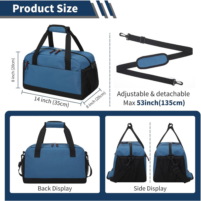 Спортивна сумка маленька з відділенням для мокрого, 35×20×20 см, ручна поклажа, міні-дуфл, блакитна