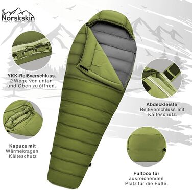 Спальний мішок Mumienschlafsack Norskskin Ultralight 220 Grün (-6°C) екстремальний, з'єднуваний, з відділенням для подушки, лівосторонній блискавка