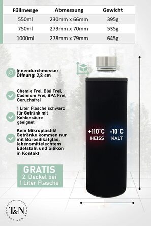 Скляна пляшка для води T&N 1 л / 750 мл / 500 мл з неопреновим чохлом, боросилікатне скло, герметична, підходить для газованих напоїв