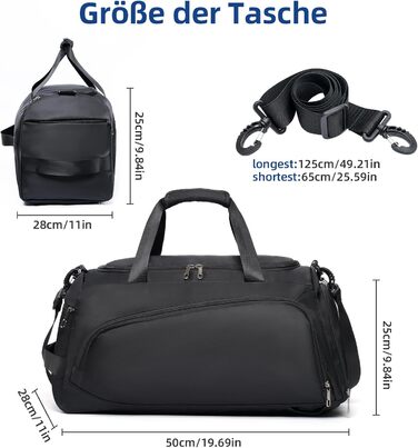 Спортивна сумка-рюкзак для чоловіків та жінок - містка дорожня/тренувальна сумка з відділенням для взуття та мокрих речей, 50 x 28 x 25 см, чорна