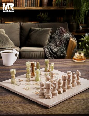 Шаховий набір з мармуру для дорослих, ручної роботи, 32 фігури, 2 додаткові королеви, коробка для зберігання, подарунок, декор (кораловий & темно-коричневий) (Verona & Green)