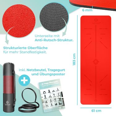 Килимок для гімнастики KESSER® з ручкою для перенесення, антиковзкий TPE, фітнес-килимок для йоги, фітнесу, пілатесу, 183 x 61 см, червоний/чорний