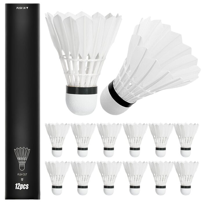 Волан для бадмінтону, 12 шт. - Натуральні пір'я, для гри в приміщенні та на вулиці, міцні та довговічні, білі