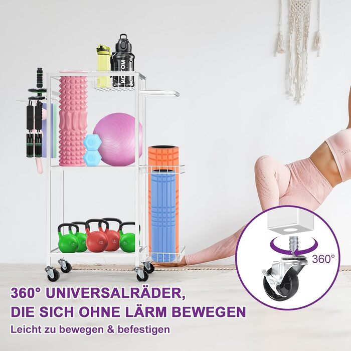 Стійка для зберігання спортивного обладнання SMUSEI: 3 яруси, металева, з роликами та 8 гачками. Підходить для йог-матів, гантелей, гир та іншого обладнання для дому.