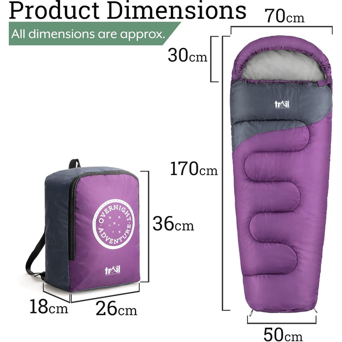 Дитячий спальний мішок Trail Mumienschlafsack 3 сезони для кемпінгу – 300gsm – для хлопчиків та дівчаток – з легким рюкзаком (фіолетовий)