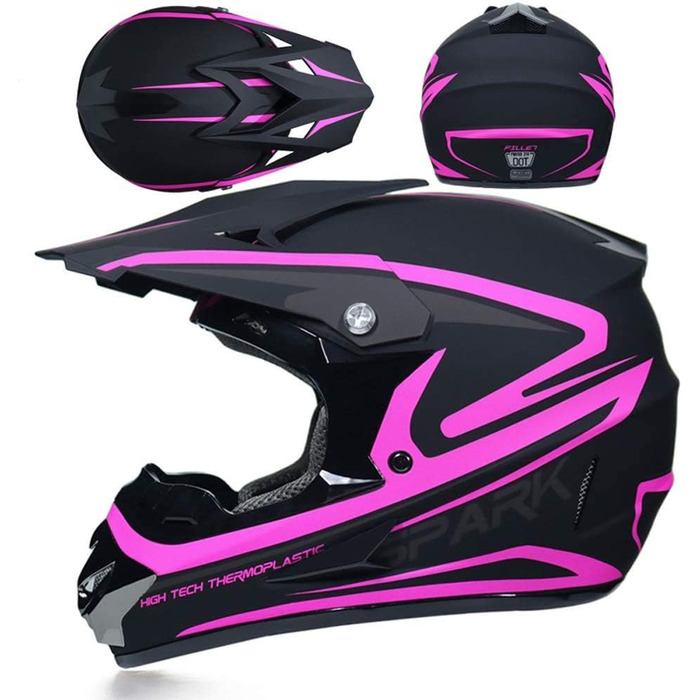Набір шолом для мотокросу Fullface з маскою, окулярами та рукавичками, чорно-рожевий (L)