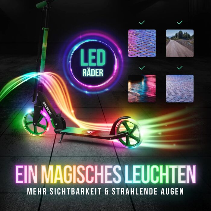 Скутер Apollo Phantom Pro City з LED-підсвіткою - розкладний, регульований по висоті, для дорослих, дітей та підлітків